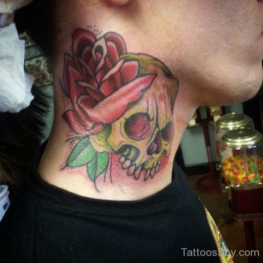 Skull And Rose Tattoo On Neck-TB149