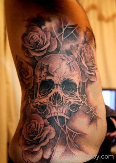 Skull And Rose Tattoo On Rib-TB151