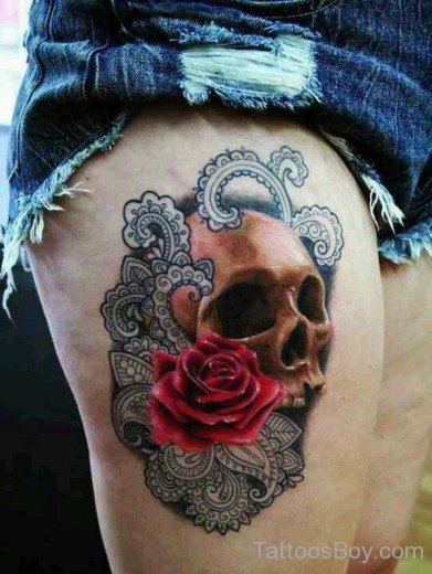 Skull And Rose Tattoo On Thigh-TB154