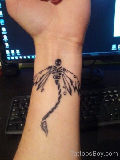 Skull Dragonfly Tattoo On Wrist-Tb1283