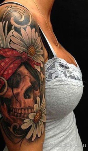 Skull Tattoo With Flowers-TB1239