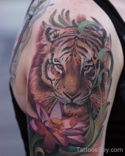 Tiger And Lotus Tattoo On Shoulder-TB1113