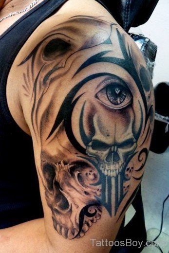 Tribal Skull Tattoo On Half Sleeve-TB1104