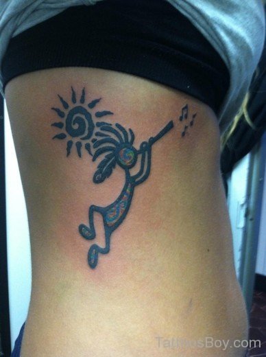 Tribal Sun And Kokopelli Tattoo OnRib-TB174