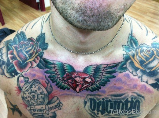 Winged Red Diamond Tattoo On Chest-TB1146