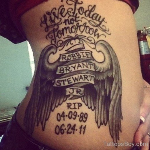 Wings And Wording Tattoo On rib-TB1130