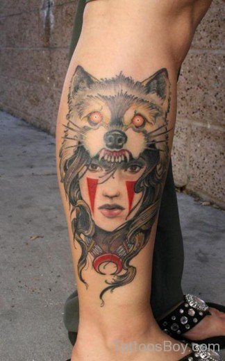 Wolf And Girl Face Tattoo On Leg-TB1098