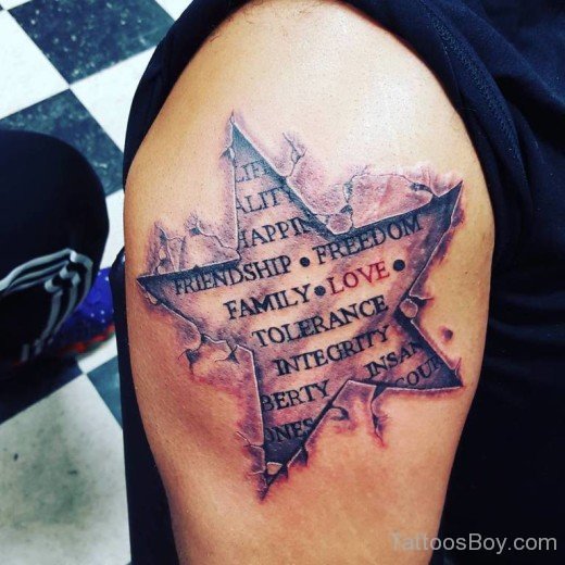 Wording And Star Tattoo On Shoulder-Tb159