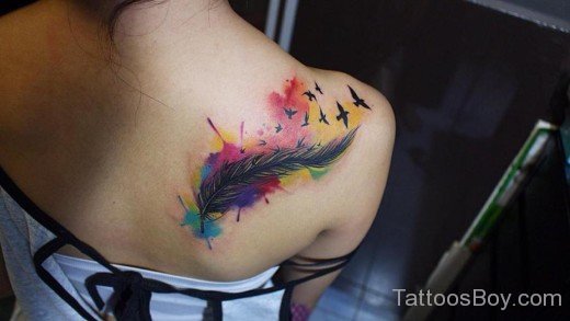 Watercolor Feather Tattoo On Back