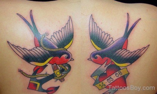 Amazing Colored Sparrow Tattoos On Back-Tb1002