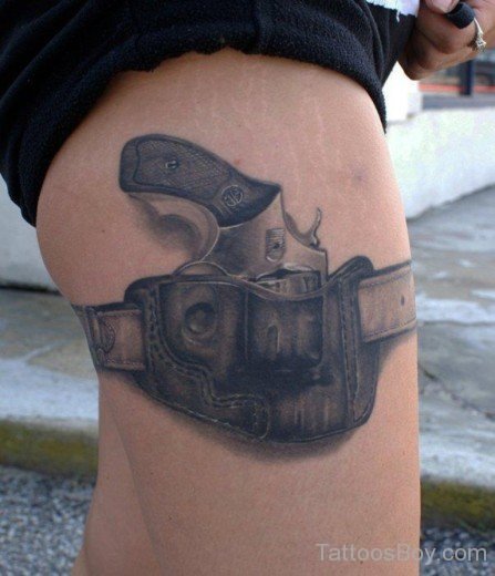 Awesome Gun Tattoo On Thigh-TB1010