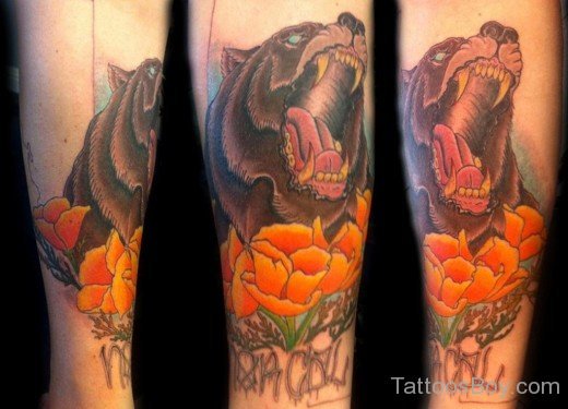 Bear And Poppy Flower Tattoo-TB1007