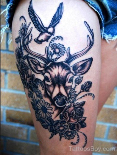 Bird And Deer Tattoo On Thigh-TB1017