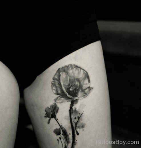 Black And Grey Poppy Tattoo On Thigh-TB1014