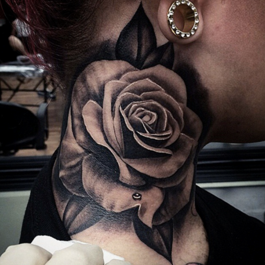 Black And Grey Rose Tattoo On Neck-TB12014