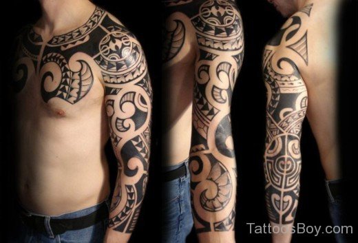Elegant Maori Tribal Tattoo On Full Sleeve