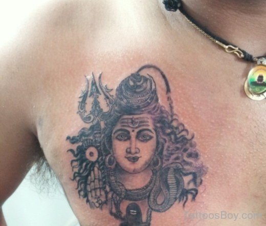 Black Ink Shiva And Trishul Tattoo On Chest-TB115