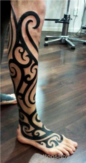 Black Maori Tribal Tattoo On Leg-TB1042