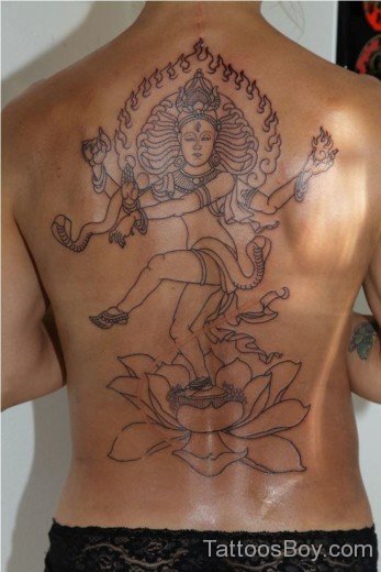 Black Outline Shiva And Lotus Tattoo On Full Back-TB116