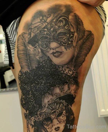 Black Venetian Mask Tattoo On Thigh-TB1017