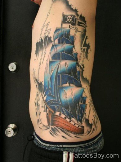 Blue Ship Tattoo On Rib-TB1023