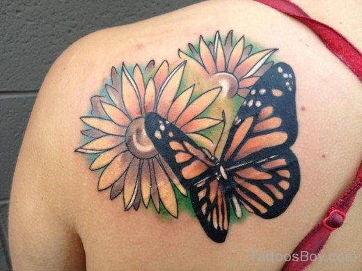 Butterfly And Sunflower Tattoos On back-TB1220