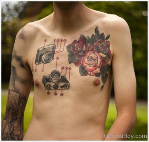 Camera And Rose Tattoo On Chest-TB12036