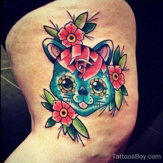 Cat Face And Flower Tattoo-TB12038