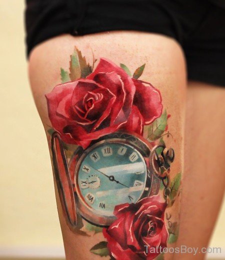 Clock And Rose Tattoo On Thigh-TB12038