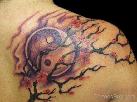 Colored Cherry Blossom Branch And  Yin Yang Tattoo-TB1222