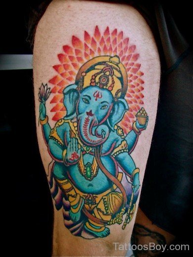 Colored Ganesha Tattoo On Thigh-TB1030
