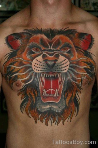 Colored Lion Head Tattoo On Chest-TB1024