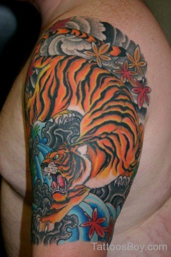 Colored Tiger Tattoo On Half Sleeve-TB1025