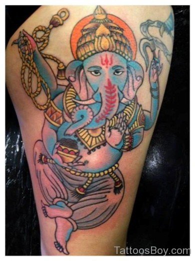 Colorful Ganesha Tattoo On Thigh-TB1034