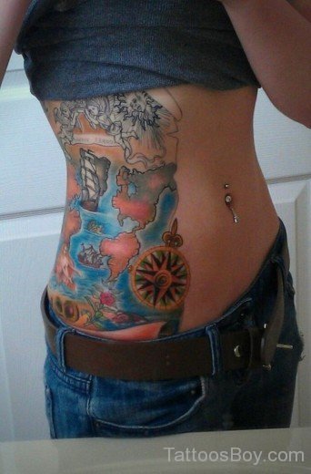 Colorful World Map Tattoo On Rib-TB1028