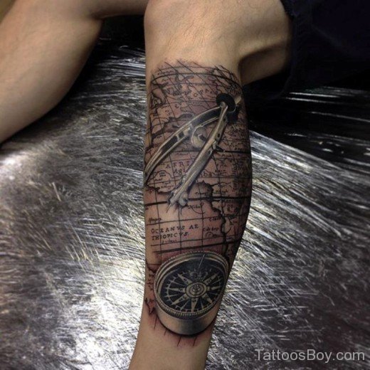 Compass And Map Tattoo On Leg