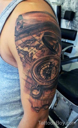Compass And Map Tattoo On Bicep-TB1033