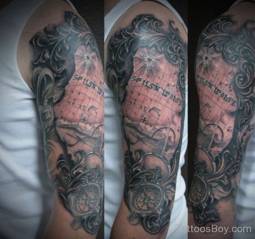 Compass And  Map Tattoo On Half Sleeve-TB1029