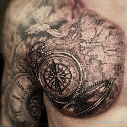 Compass With Map Tattoo  On Chest-TB1045