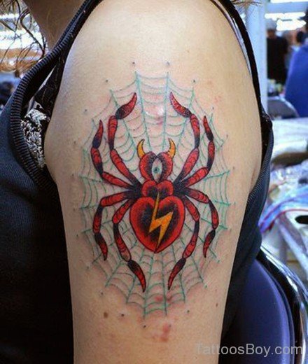 Cool Spider Web And Spider Tattoo On  Arm