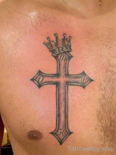 Cross And Crown Tattoo On Chest-TB1032