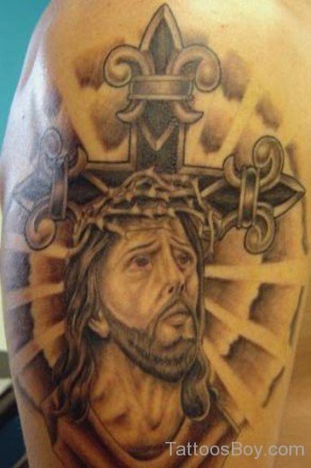 Cross And Jesus Tattoo On Shoulder-TB14040