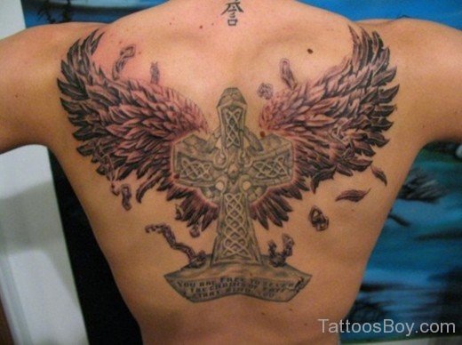 Cross And Wings Tattoo On Back-TB14043