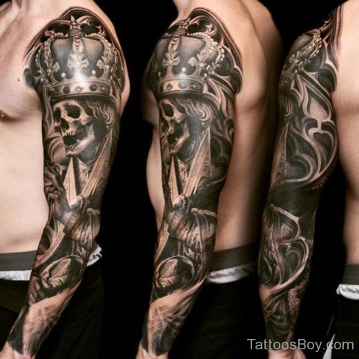 Crowned Skull Tattoo On Full Sleeve