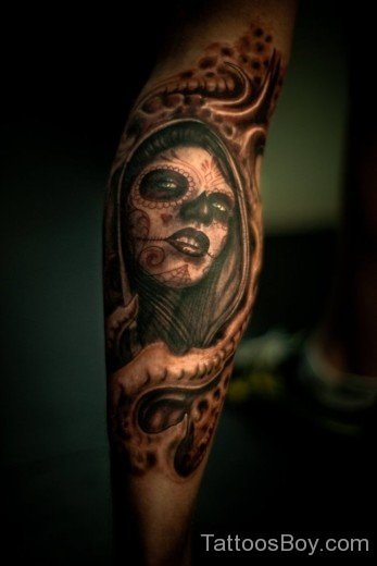 Devil Girl Face Tattoo On Leg-TB12050