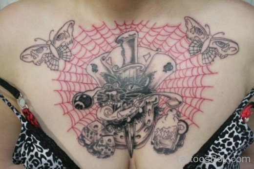  Spider Web And Butterfly Tattoo On Chest