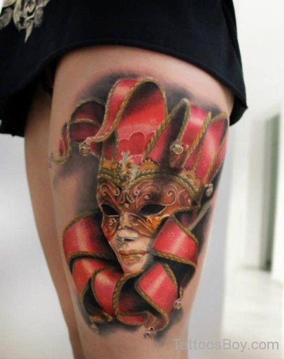 Elegant Venetian Mask Tattoo On Thigh-TB1048