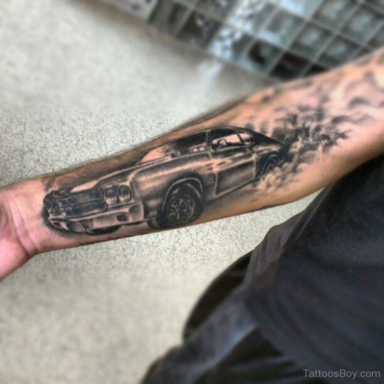 Burning car tattoo by Krzysztof Szeszko - Tattoogrid.net