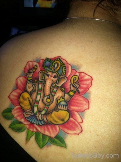 Flower And Ganesha Tattoo On Back-TB1051