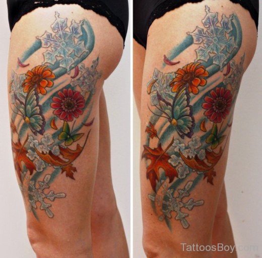 Flower And Leaf Tattoo On Thigh-TB1078